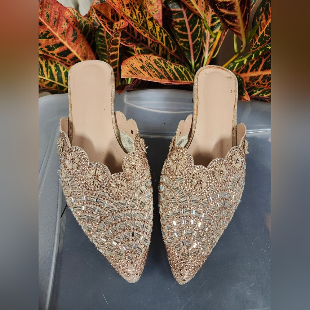 Beige Embellished Women's Mules